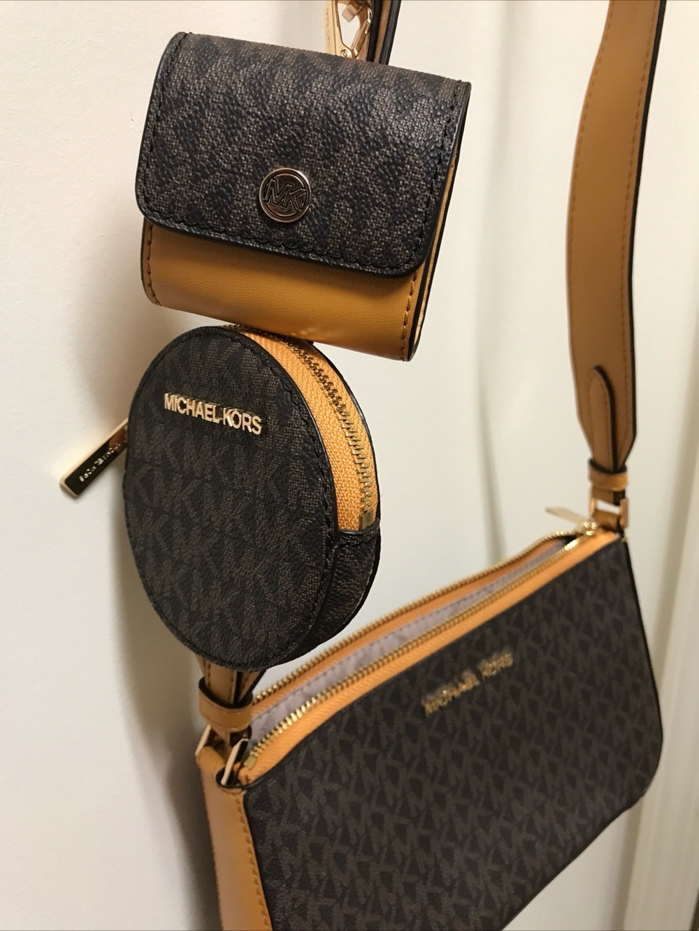 Michael Kors Brown and Tan Monogram Crossbody Trio
